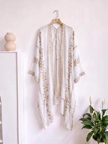 1件優雅花卉刺繡開襟和服式圍裙，波希米亞風春夏海灘罩衫，防曬裝飾刺繡女款開襟衫，適合日常穿著，完美禮物選擇 - 白色 - 查看 6