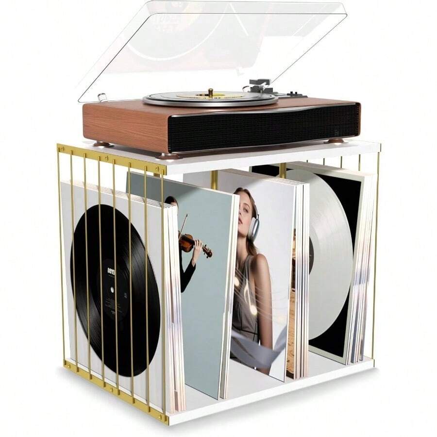 レコード 収納 金属＆木製 レコードラック ヴァイナルレコードホルダー 80 枚収納可能 3 コンパートメント レコードスタンド レコードプレイヤースタンド 雑誌・本・ファイル・アルバム収納兼用 レコード棚 cd 飾り対応 (ブラック) - ホワイト - チェックする 1