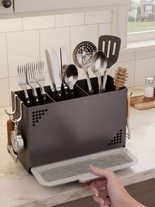 Wall-Mounted Kitchen Utensil Storage Rack (No Drilling Required), Detachable Draining Chopstick Holder, Hanging Kitchen Utensil Storage Basket, Multi-Functional Wall-Mounted Spoon And Fork Storage Rack, Kitchen Tool Draining Basket - Multicolor - View 4