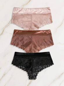 3pcs/Pack Women's Floral Lace Men's Style Shorts, Spliced Satin Waistband Soft Daily Underwear Multi-Pack - Multicolor - View 1