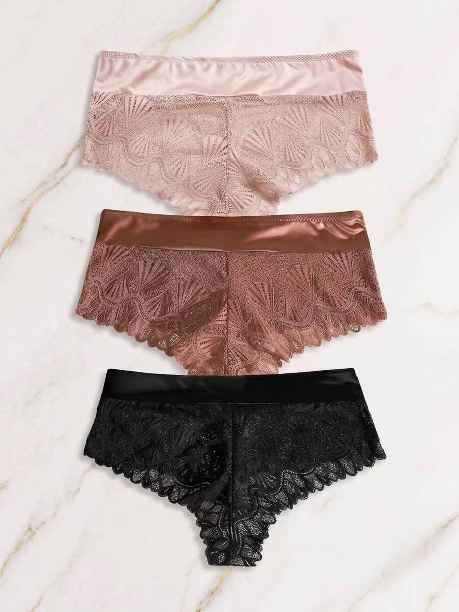 3pcs/Pack Women's Floral Lace Men's Style Shorts, Spliced Satin Waistband Soft Daily Underwear Multi-Pack - Multicolor - View 1