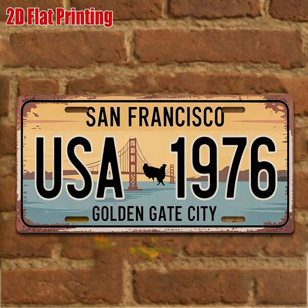 2D Flat Vintage San Francisco Iron Plate - Golden Gate Bridge And 1976 USA Number Design - Iron Plate Sign. California Theme Wall Decor, Gift For Travelers, Collectors And Bay Area Fans Car Accessories (Random Style)
