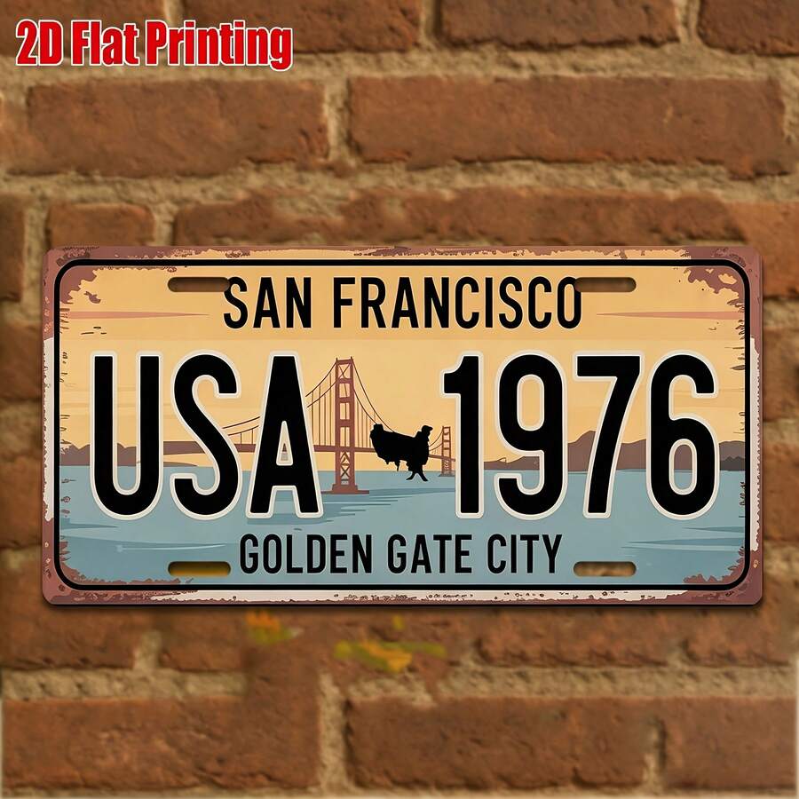 2D Flat Vintage San Francisco Iron Plate - Golden Gate Bridge And 1976 USA Number Design - Iron Plate Sign. California Theme Wall Decor, Gift For Travelers, Collectors And Bay Area Fans Car Accessories (Random Style) - A - View 1