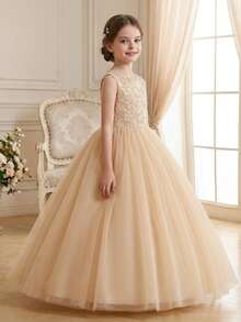 Tween Girl Champagne Color Flower Girl Dress With Open Back For Wedding - Champagne - View 5