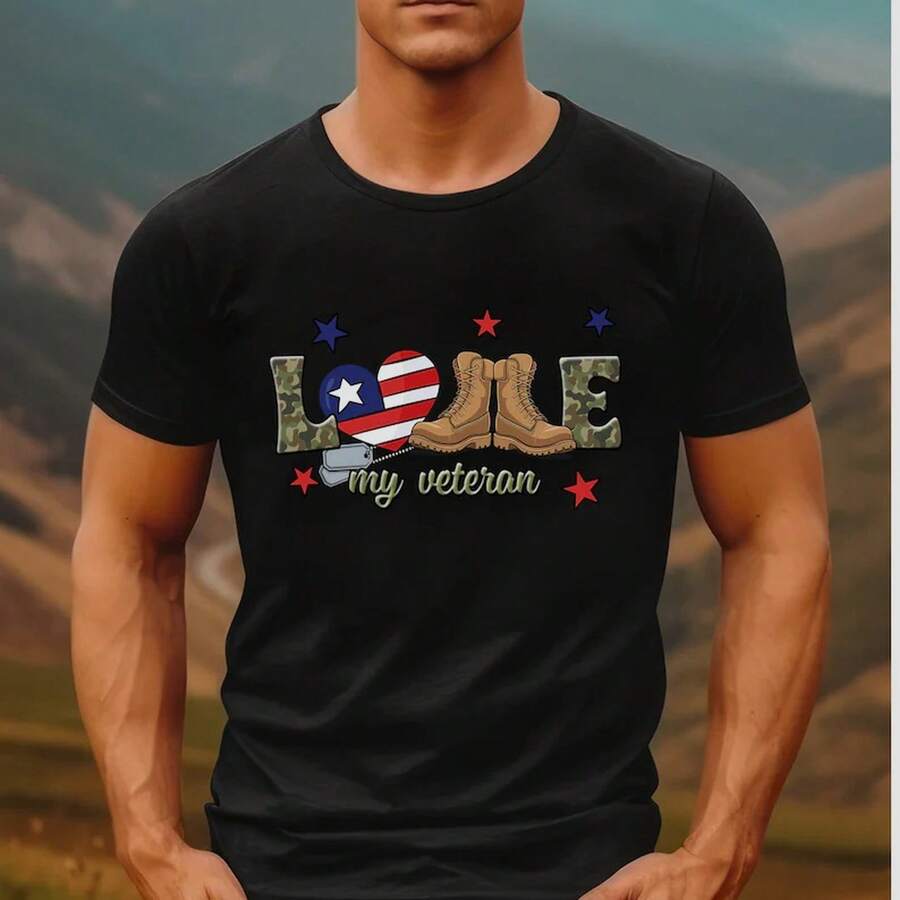 Camiseta del Día de los Veteranos, Camiseta "Amo a mi Veterano", Camiseta Vintage Patriótica, Regalo de Jubilación Militar - Negro - Ver 1