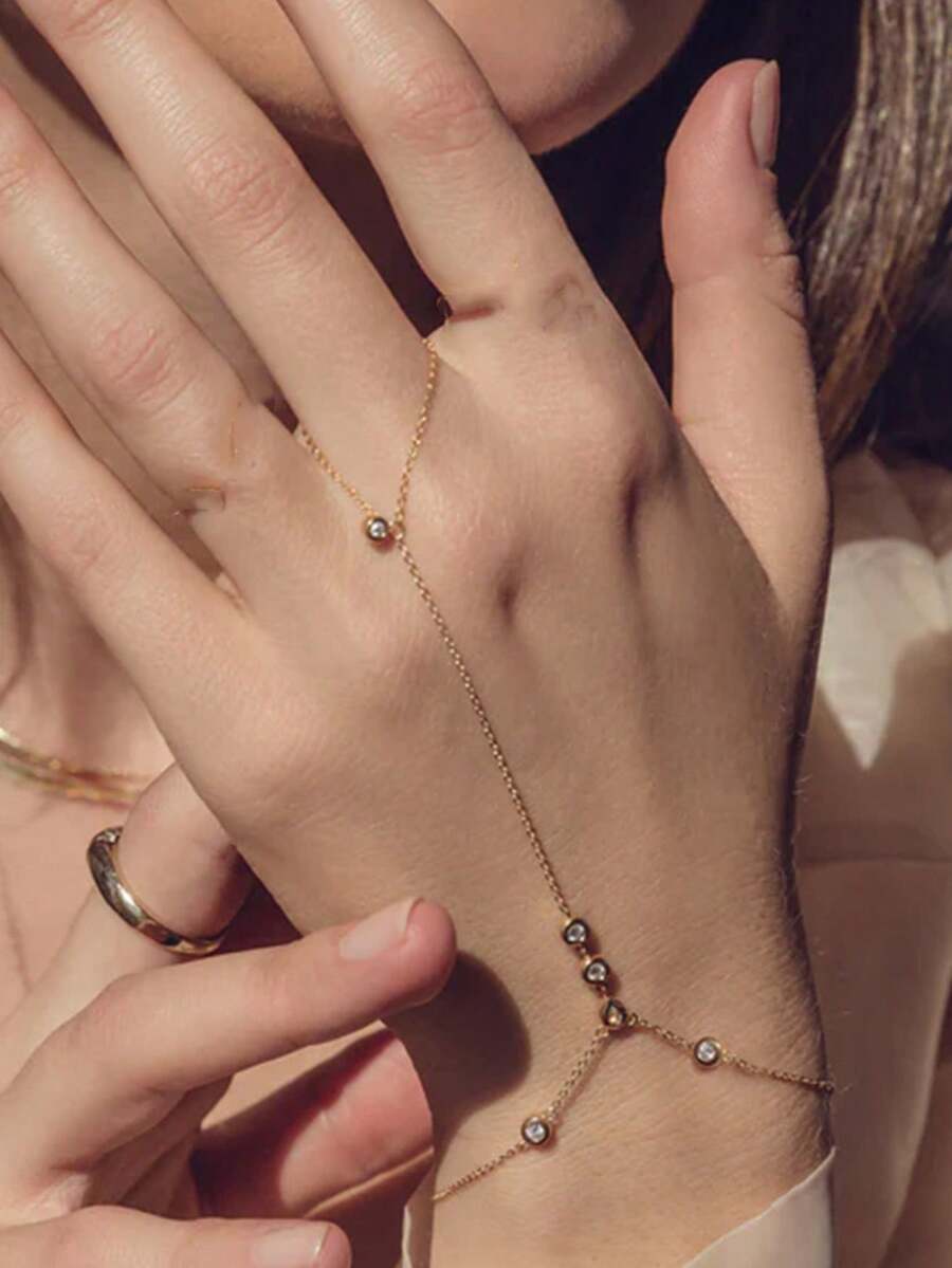 1pc New Rhinestone Finger-Connected Bracelet, INS Style Minimalist Niche Women's Hand Chain Jewelry - Gold - View 1