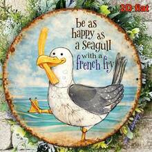 2D Flat Round Iron Sign 8 Inch, "Happy Like A Seagull With Fries" Funny Animal Decorative Plaque, Suitable For Decorating Beach House, Kitchen, Restaurant, Cafe, Bar, Farmhouse, Pre-Drilled Holes, Style As Shown In Size Chart - Multicolor - View 5