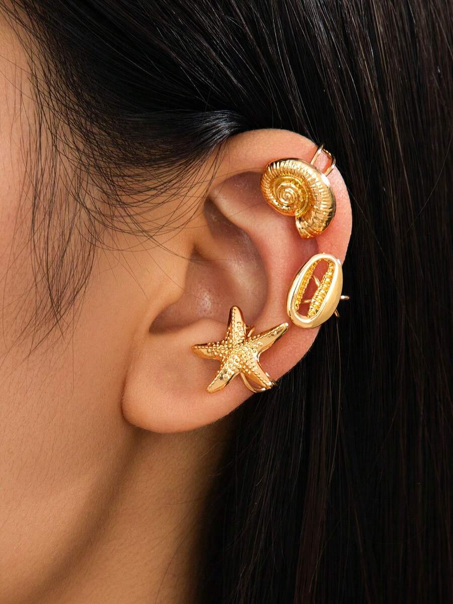 3pcs Starfish Seashell Design Bohemian Vacation Style 3D Textured Open Gold-Tone Metal Ear Cuffs, Elegant Exquisite Women's Ear Clips For Daily Wear, Party, Music Festival, Street Style, Beach, Seaside, Bikini - Starfish, Conch, Seashell - View 1