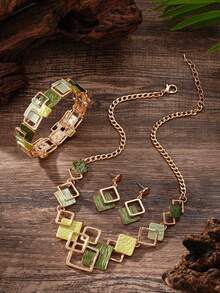 Cring Coco Set Perhiasan Geometris Persegi Enamel Hijau Gradien 4 Buah, Kalung Rantai Statement, Anting-Anting Gantung, Gelang Manset, Aksesoris Bertekstur untuk Wanita - Geometri 1 - View 9