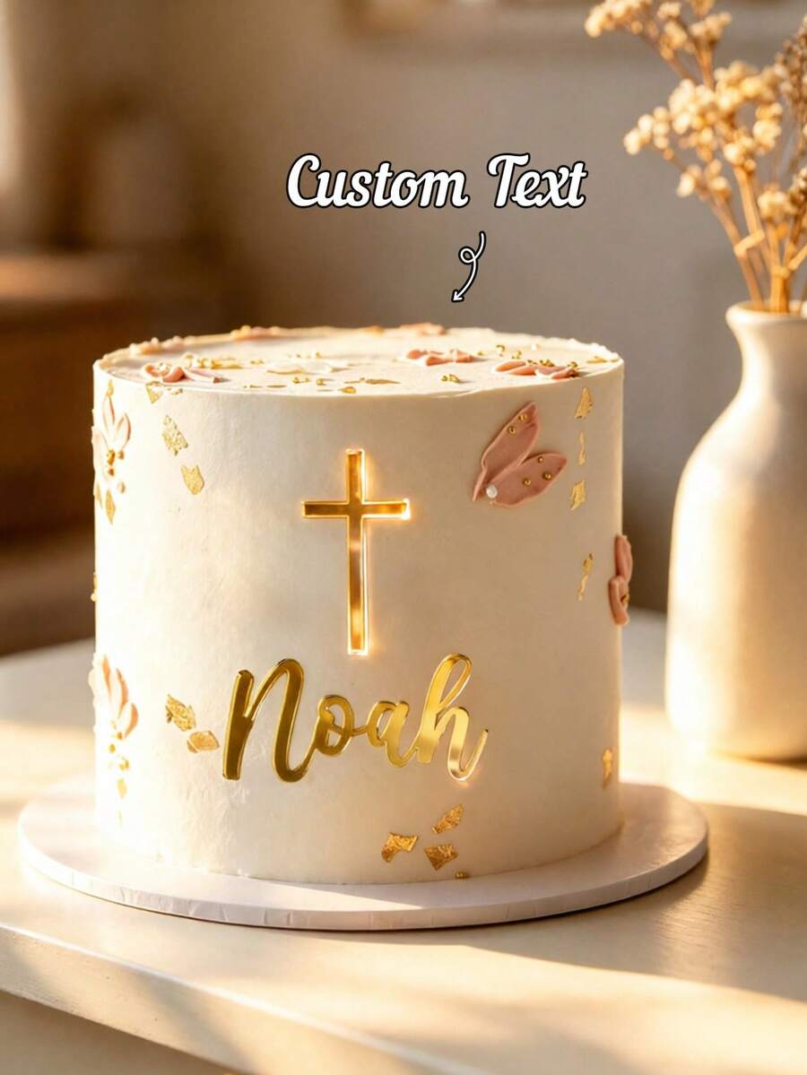 1pc Customized Acrylic Name Cross Cake Topper, Personalized Baptism Cake Decoration, Gold Mirror Acrylic Material, Multiple Sizes Available, Home Decor, Souvenir, God Bless - Name Cross Tags - View 1