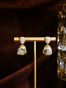 SEQUITO 1 Pair High Quality Ladies Ear Decoration Gold Plated Brilliant AAA CZ Zirconia Bell Shape Pendant Drop Earrings For Banquet - 2.7cm - View 7