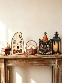 Decoración de Halloween Vintage para Interiores, Estantería de Bloque de Madera Retro, Fantasma Lindo, Calabaza, Gato Negro, Esqueleto, Búho Bruja, Regalo de Inauguración de Casa - Ver 5