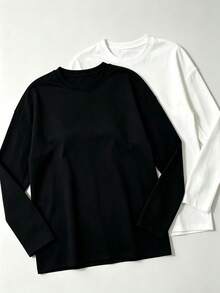 2pcs Women's Spring/Autumn Long Sleeve T-Shirt, Round Neck Loose Fit Solid Black - Black - View 3
