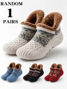 1 Pair Random Nordic Fair Isle Jacquard Thermal Lined Floor Socks - Multicolor - View 1