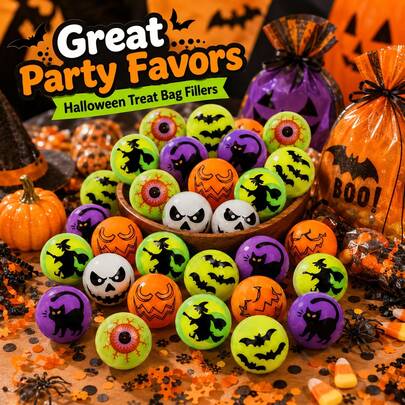 1 buah Bola Pantul Halloween Bercahaya dalam Gelap, Berbagai Desain, Penting untuk Lelucon dan Aksi Iseng, Perlengkapan Hadiah Pesta Halloween, Pengisi Tas Hadiah, Hadiah Kelas, Dekorasi Permainan -- Warna Acak