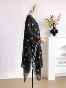 1pc Minimalist Heart Pattern Embroidered Split Shawl Kimono Sarong For Women, Bohemian Style Spring/Summer Beach Vacation Sun Protection Decorative Embroidered Cardigan, Suitable For Daily Wear, Perfect Gift Choice - Black - View 3