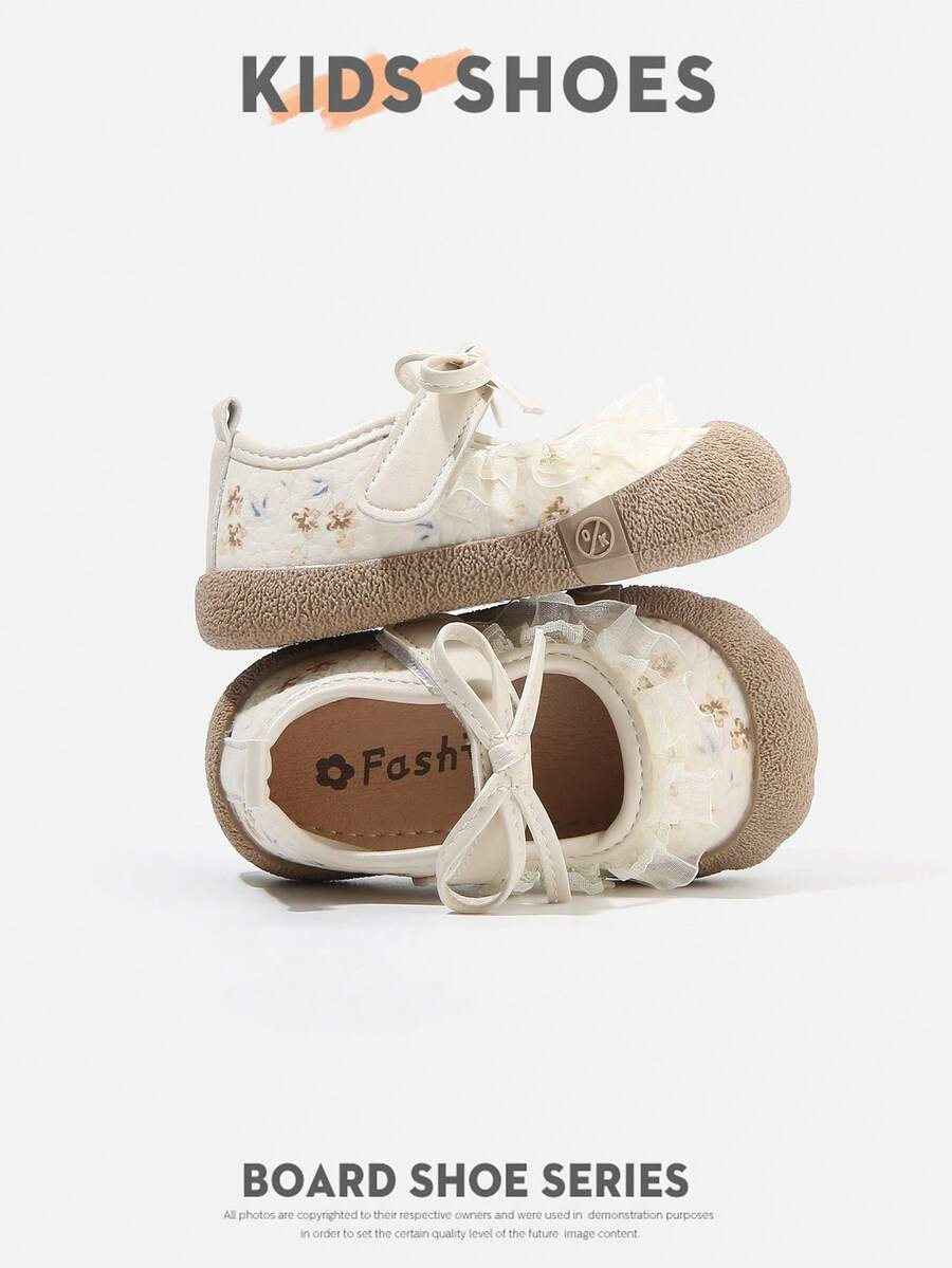 1 Pair Girls' Floral Lace Bow Shallow Flat Mary Jane Shoes For Daily Wear And Outings [Select Based On Actual Cm Inner Length] - Beige - View 1