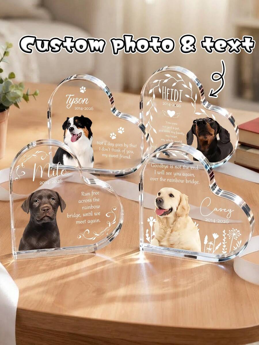 1pc Custom Pet Photo Heart Memorial Acrylic Plaque, Personalized Rainbow Bridge Dog Cat Tabletop Sign, Custom Name & Date Pet Loss Keepsake, Pet Bereavement Remembrance,Pet Sympathy Gift For Pet Owner,Pet Lover Gift - Multicolor - View 1