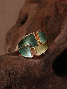 Cring Coco 4Pcs Gradient Green Enamel Square Geometric Jewelry Set, Linked Statement Necklace Dangle Earrings Adjustable Open Ring, Women Costume Accessories - Geometry 1 - View 3