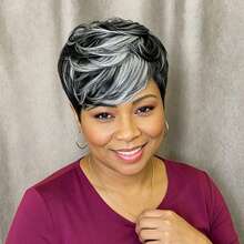 AMECIRE Elegant Short White Highlights Pixie Cut Wig Mixed Colors 100% Human Hair Wig With Bangs For Women Easy To Wear Perfect For Everyday & Cosplay & Parties & Music Festival - Multicolor - View 3