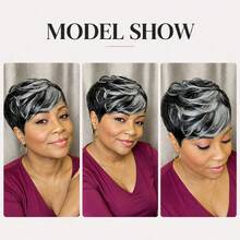 AMECIRE Elegant Short White Highlights Pixie Cut Wig Mixed Colors 100% Human Hair Wig With Bangs For Women Easy To Wear Perfect For Everyday & Cosplay & Parties & Music Festival - Multicolor - View 7