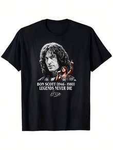 Musique Rock, T-Shirt, Motif Portrait de la Légende Bon Scott, Tissu Doux 100% Coton, pour les Fans de Rock et les Événements de Concert - Noir - Voir 7