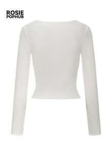 ROSIE POPHUB Women White Boat Neck Ribbed Knit Long Sleeve Top Metal Ring Twist Front Slim Fit Cropped Tee Elegant Daily Commute Autumn Winter - White - View 8