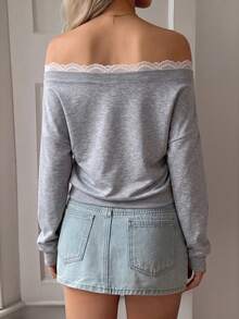 SCARLUX Fall Winter Y2K Women Basic Grey Off Shoulder Long Sleeve Top, Lace Trim Boat Neck Loose Pullover For Homecoming Daily Outfits - Gray - View 11