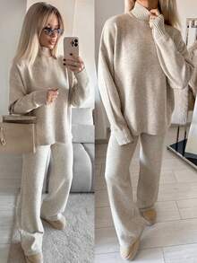 Fashionable Minimalist Women's Mid-Stretch Ribbed Knit Loose Sweater And Knit Pants Set, Perfect For Creating Comfortable Autumn/Winter Looks, Knitted Knit Set, Oatmeal Color - Khaki - View 1