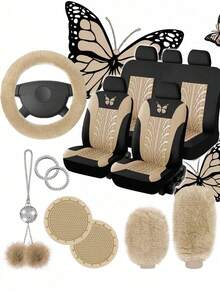 8pcs/9pcs/17pcs Breathable Car Seat Covers Set, Butterfly Pattern, With Soft Plush Steering Wheel Cover, Gear Shift Cover, Handbrake Cover And Rhinestone Plush Pendant, Create Comfortable Driving Experience - Multicolor - View 20
