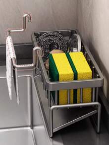 1pc Stainless Steel Kitchen Sink Caddy, Sponge Holder & Dish Soap Organizer With Towel Bar, Drip Tray, Drain Rack, Brush Holder For Countertop, Dishcloth, Scrubber, Soap, Bottle, Small Kitchen Sink Storage - Multiple Styles and Colors - View 8
