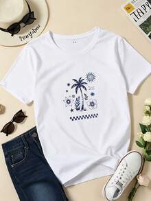 Boys Girls Short Sleeve T-Shirt With Palm Tree Sun Flower And Checkered Print, Breathable Cotton, Casual Loose Fit, Spring Summer Daily Wear - White - View 3