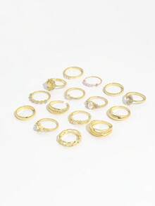 Juego de 15 anillos apilables para mujer con perlas falsas vintage y strass, banda geométrica lisa dorada, cristal cuadrado y cadena de perlas - Dorado - Ver 4