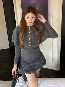 French Sweet Youthful Ribbed Knit Sweater Set Women Autumn/Winter Short Button-Up Cardigan And Long Sleeve Knit Top 2 Pieces Set - Grey - View 1