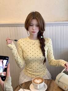 Atasan Lengan Panjang Wanita Motif Polkadot Kasual Serbaguna untuk Sehari-hari, Warna Kuning - Kuning - View 5