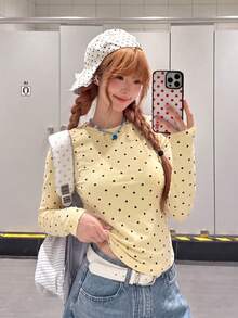 Atasan Lengan Panjang Wanita Motif Polkadot Kasual Serbaguna untuk Sehari-hari, Warna Kuning - Kuning - View 6