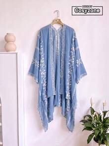 1件優雅花卉刺繡開襟和服式圍裙，波希米亞風春夏外套，海灘度假防曬罩衫，裝飾性刺繡開襟衫，適合日常穿著，完美禮物選擇 - 藍色 - 查看 1