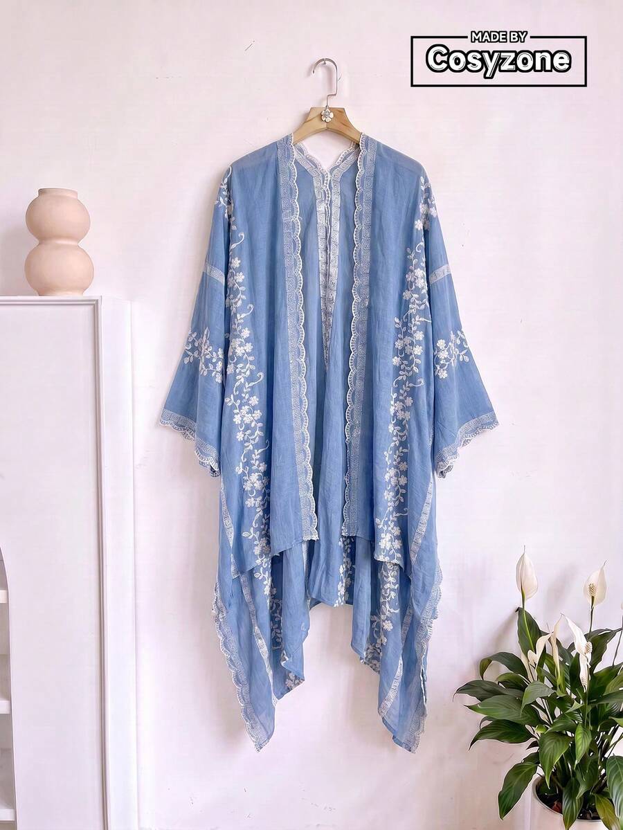 1件優雅花卉刺繡開襟和服式圍裙，波希米亞風春夏外套，海灘度假防曬罩衫，裝飾性刺繡開襟衫，適合日常穿著，完美禮物選擇 - 藍色 - 查看 1