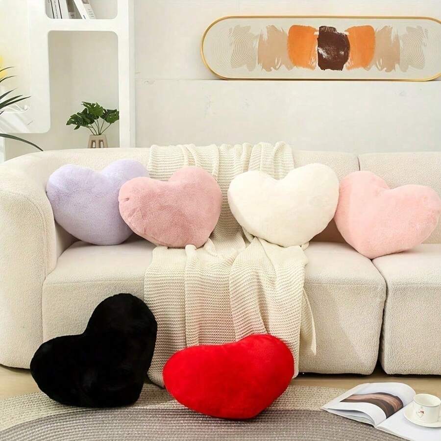 1PC Heart-Shaped Plush Pillow, Soft And Fluffy, Sofa Bed Decorative Pillow, Heart Pillow, Heart Pillow, Room Decor, Home Decor, Living Room Decor - Multicolor - View 1