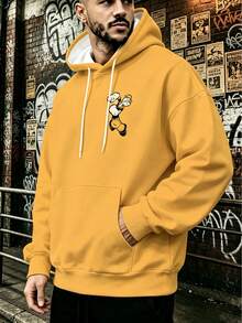 Plus Size Men's Vintage Cartoon Print Loose Fit Casual Hoodie Sweatshirt - Ginger - View 2