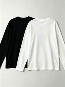 2pcs Women's Spring/Autumn Long Sleeve T-Shirt, Round Neck Loose Fit Solid Black - Black - View 2
