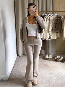 2 Pieces Knit Set With Zipper Cardigan And Drapey Wide Leg Pants - Gray Card - View 6
