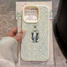 1pc TPU Material Vintage Distressed Blue Pattern Virgin Mary Phone Case Compatible With IPhone 17 Pro Max/17/16 Pro Max/15/13/12/11/ S20 FE/A15/S24/A55/ Note 11/Note 12/Note 13 Pro Full Coverage Anti-Drop Soft Shell Protective Cover - White - View 2