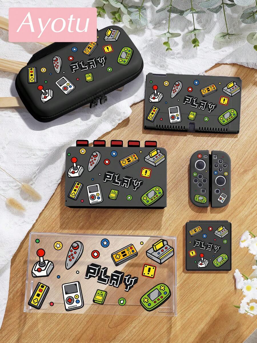 Ayotu 卡通遊戲機圖案保護殼與配件，相容於 Switch/Switch OLED/Switch Lite，包含保護殼、收納袋、底座殼、控制器保護套及其他多款配件，開學禮物/生日禮物/週年禮物