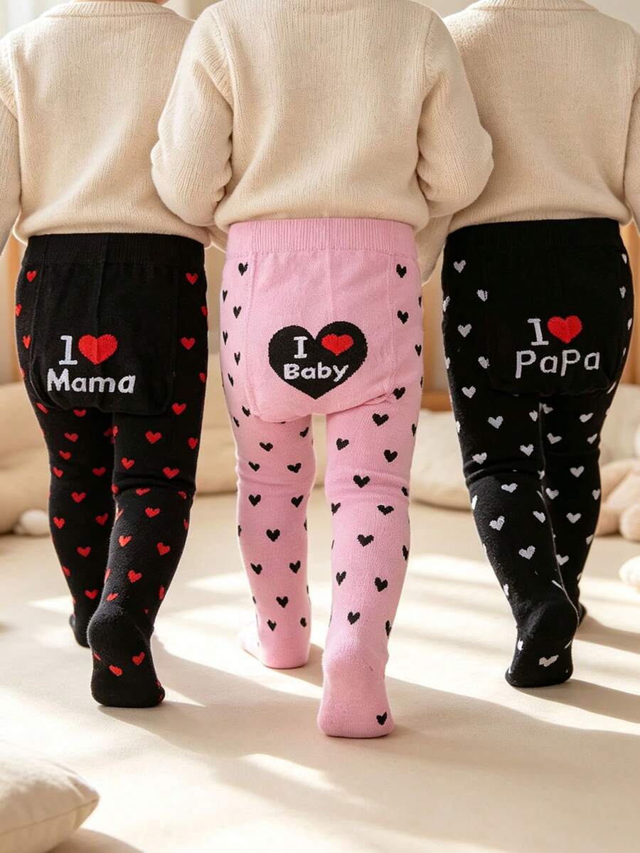 3雙 春/秋季嬰兒褲襪打底褲,IloveMamaPapaBaby愛心圖案 - 彩色 - 查看 1