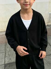 Boys' Basic Solid Color Knit Cardigan, V-Neck Button Long Sleeve Lightweight Jacket, Suitable For Autumn/Winter - Black - View 2