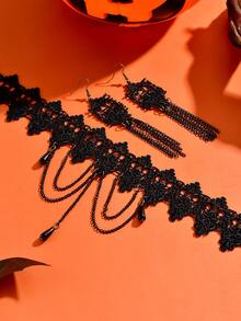 1 Set 3pcs Dark Vintage Faux Crystal Pendant Lace Choker Necklace With Metal Chain Tassel Earrings Jewelry Set For Women, Halloween Thanksgiving Party Costume Accessories, Holiday Gift - Black - View 3