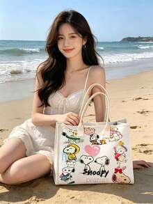 1pc Large Capacity Snoopy Color Block Canvas Tote Bag, Casual Style, Durable Shoulder Strap And Sturdy Fabric, Foldable Lightweight Handbag Suitable For Women, Perfect For School, Work, Gym, Beach And Other Occasions - Rectangle - View 7