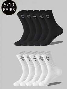 5/10 Pasang Kaos Kaki Cross Kasual Modis Serbaguna Olahraga Setengah Betis - Hitam dan Putih - View 1