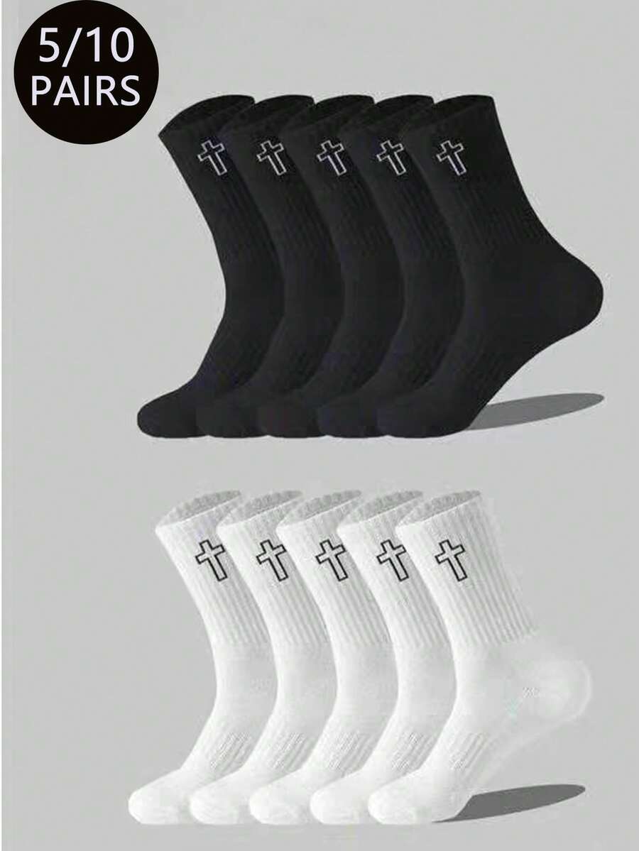 5/10 Pasang Kaos Kaki Cross Kasual Modis Serbaguna Olahraga Setengah Betis - Hitam dan Putih - View 1
